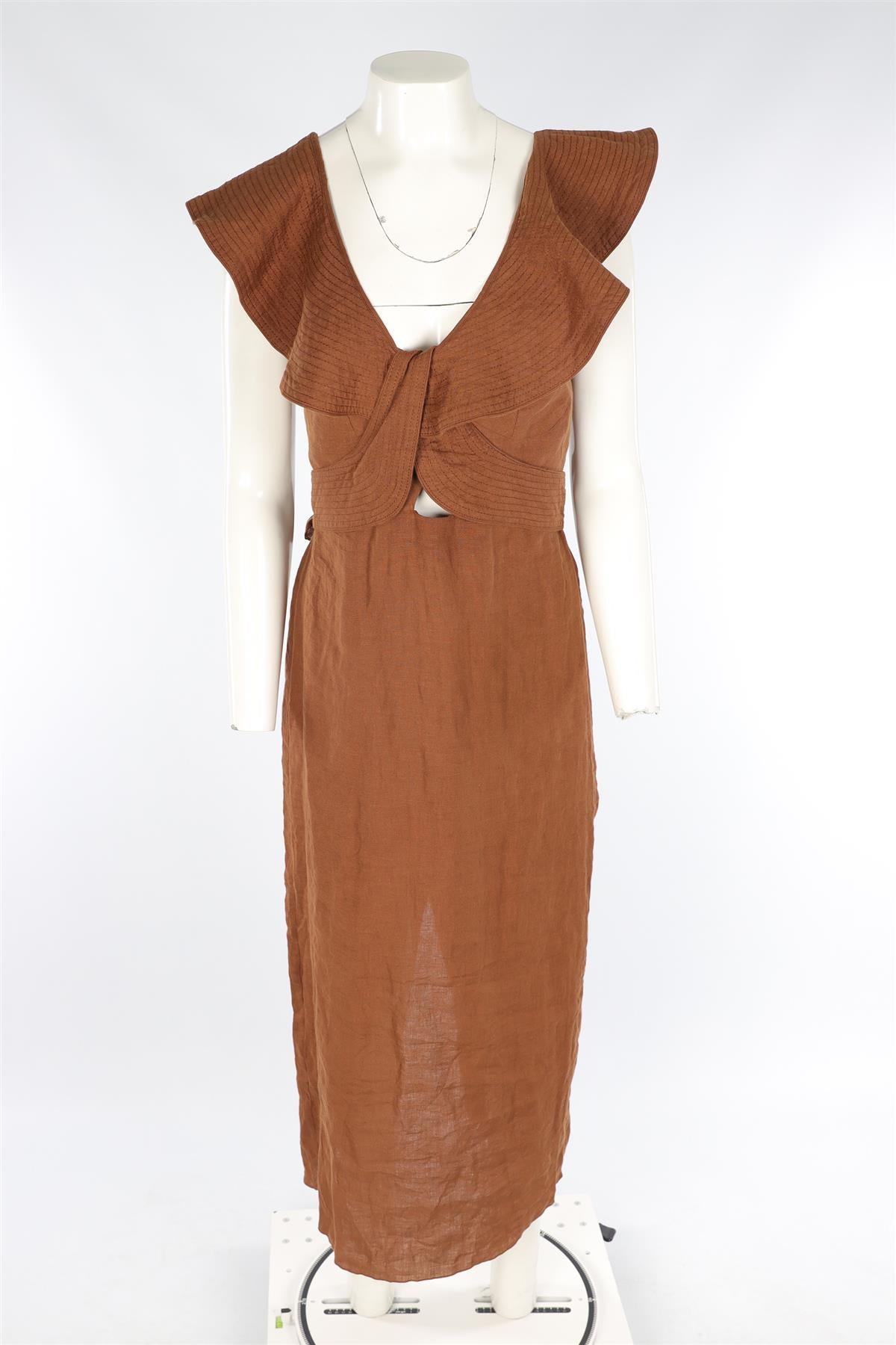 JOHANNA ORTIZ BROWN LINEN MAXI DRESS US 6 UK 10