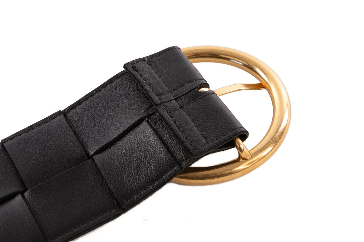 BOTTEGA VENETA BLACK INTRECCIATO LEATHER WAIST BELT 85CM