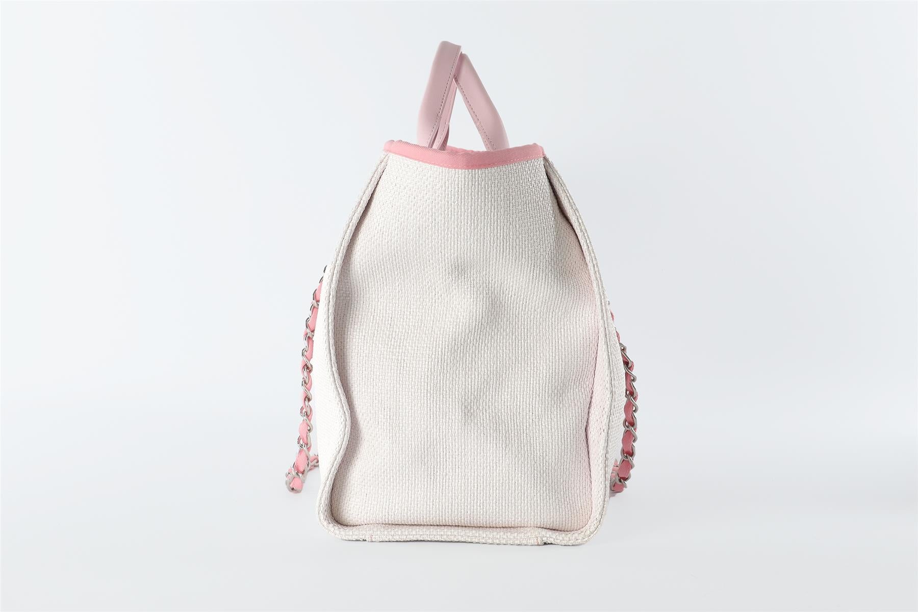 CHANEL WHITE 2015 - 2016 DEAUVILLE MEDIUM FABRIC TOTE BAG (COMES WITH AUTHENTICITY CARD)