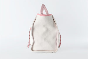 CHANEL WHITE 2015 - 2016 DEAUVILLE MEDIUM FABRIC TOTE BAG (COMES WITH AUTHENTICITY CARD)