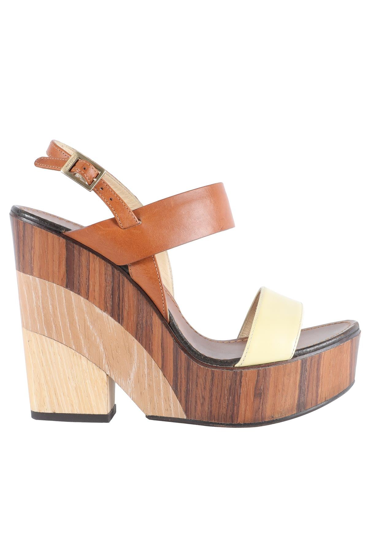 JIMMY CHOO BROWN LEATHER WEDGE SANDALS EU 38.5, UK 5.5, US 8.5