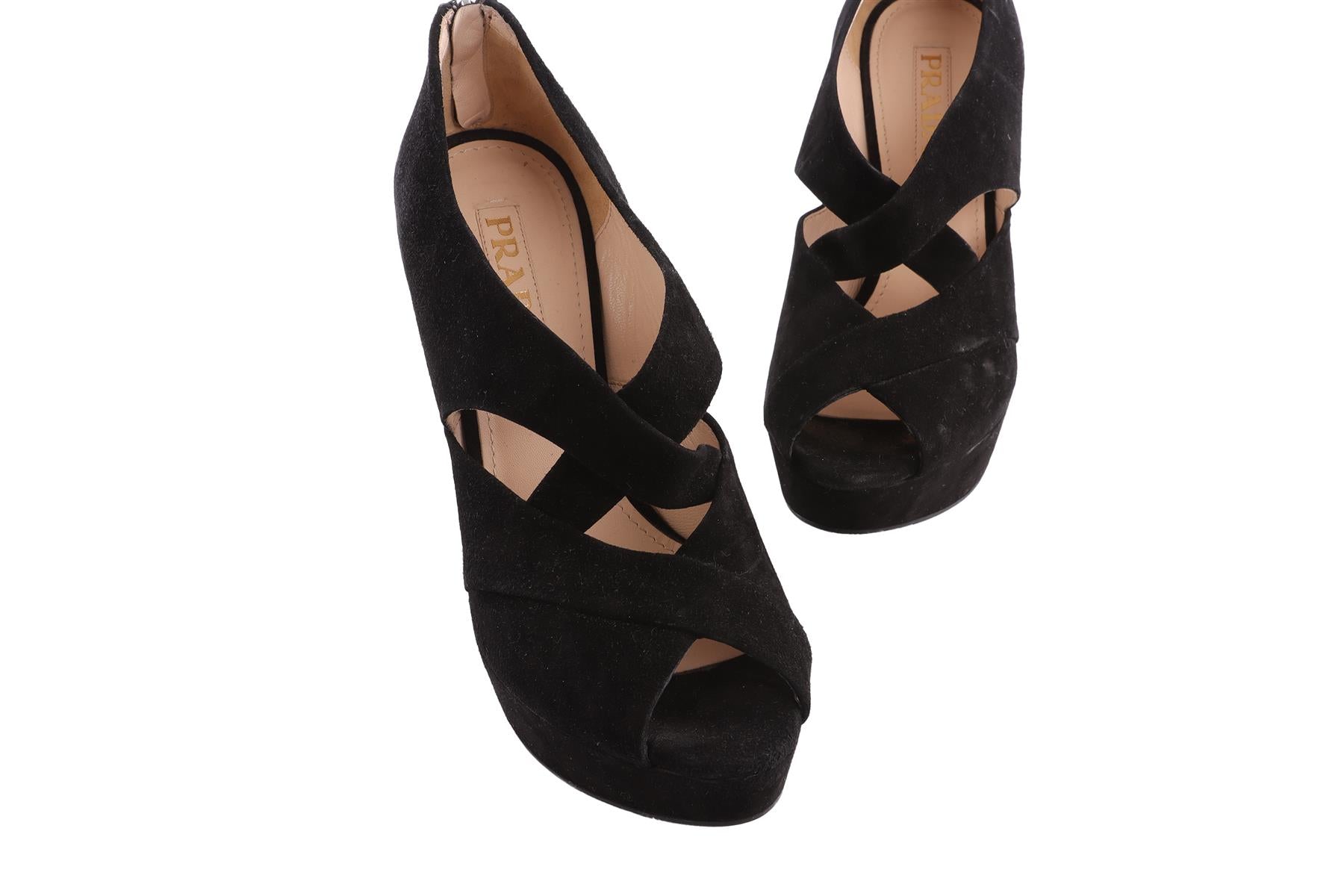 PRADA BLACK SUEDE WEDGE SANDALS EU 38