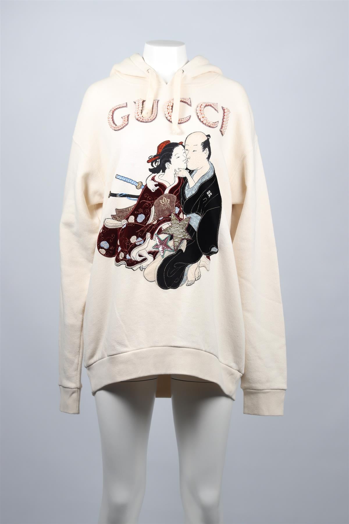 GUCCI CREAM CRYSTAL AND COTTON BLEND HOODIE LARGE