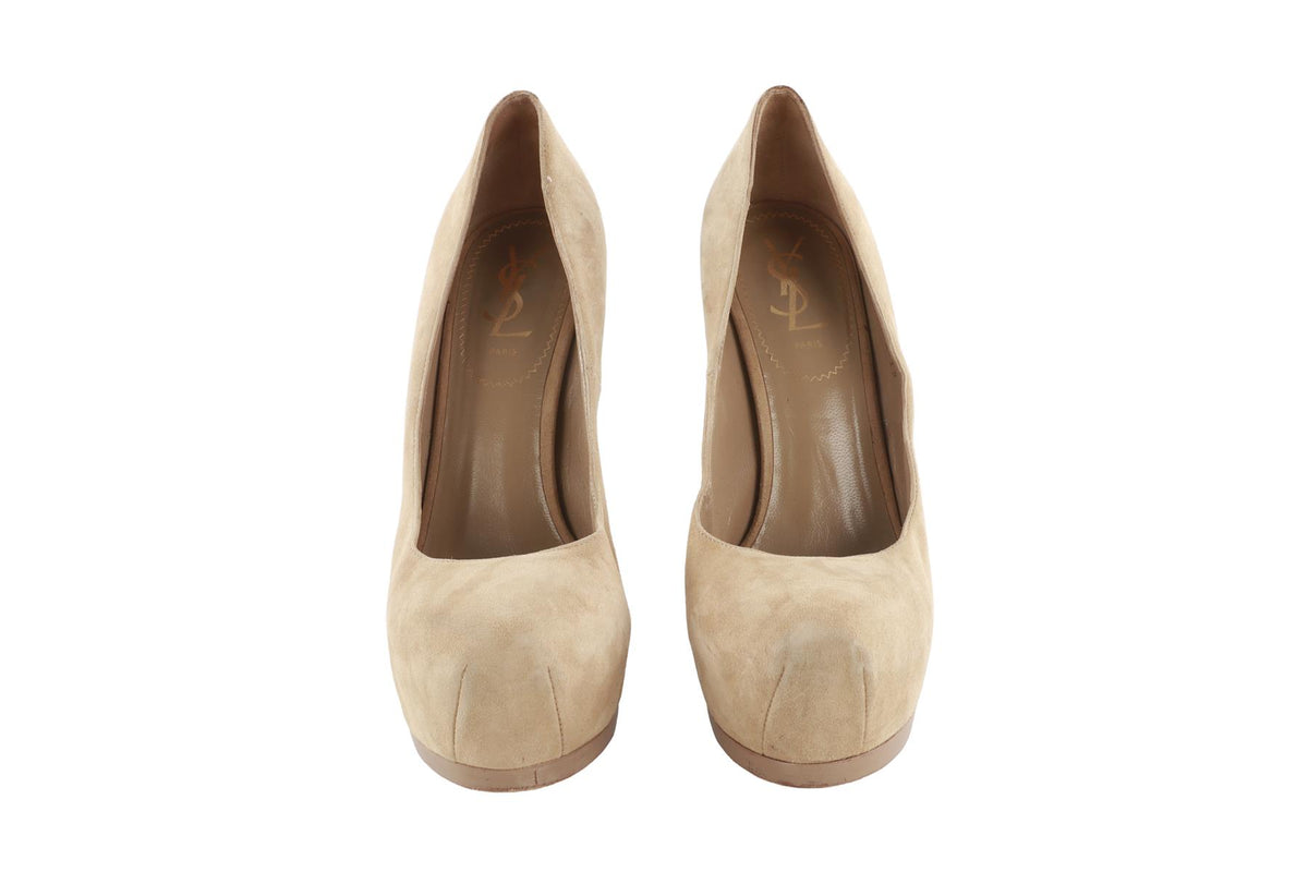 YVES SAINT LAURENT BEIGE SUEDE PLATFORM PUMPS EU 38 UK 5 US 8