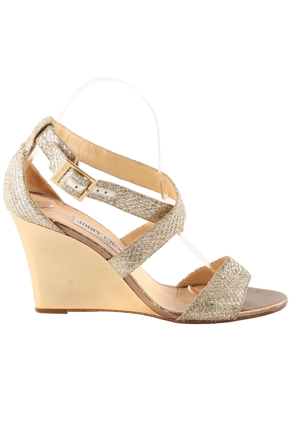 JIMMY CHOO GOLD FABRIC WEDGE SANDALS EU 38.5 UK 5.5 US 8.5