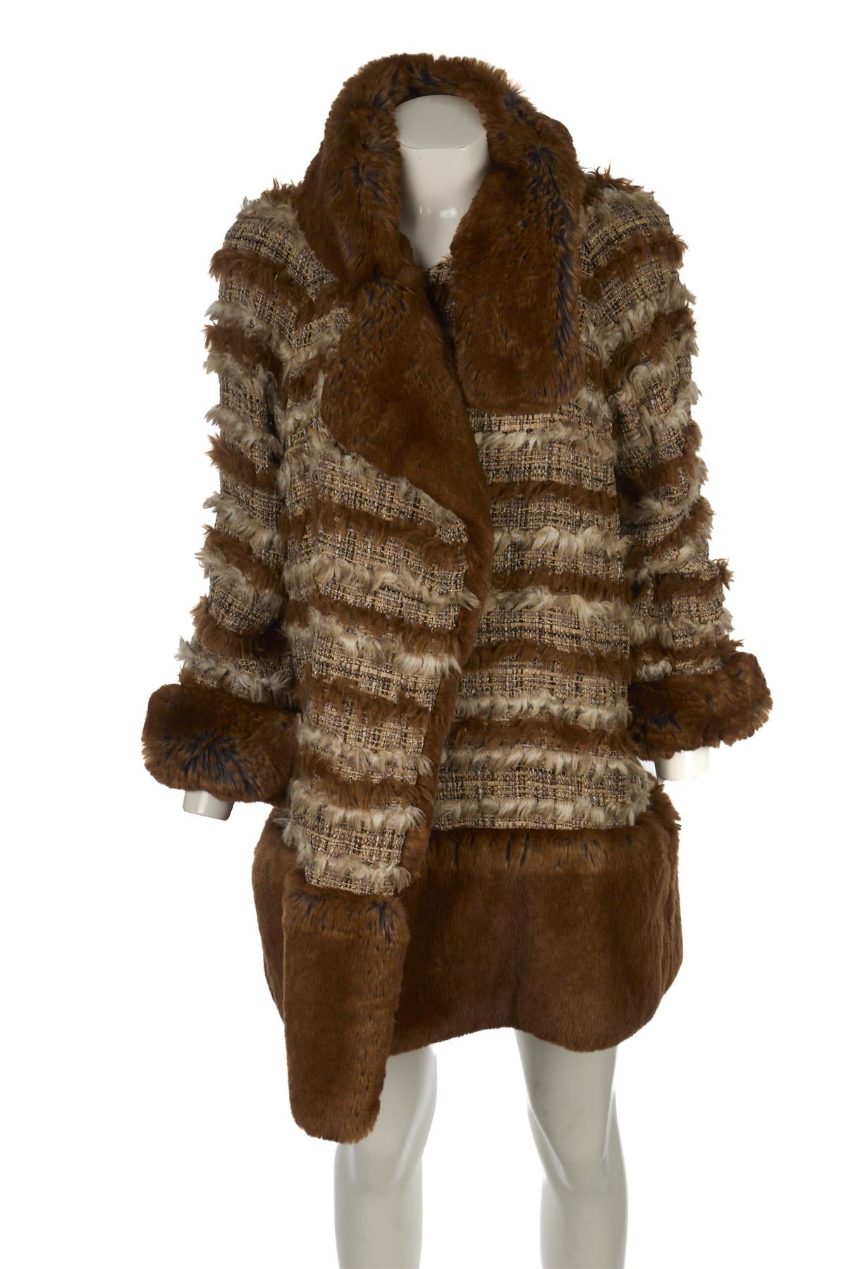 CHANEL BROWN 2010 FAUX FUR AND TWEED COAT FR 38 UK 10