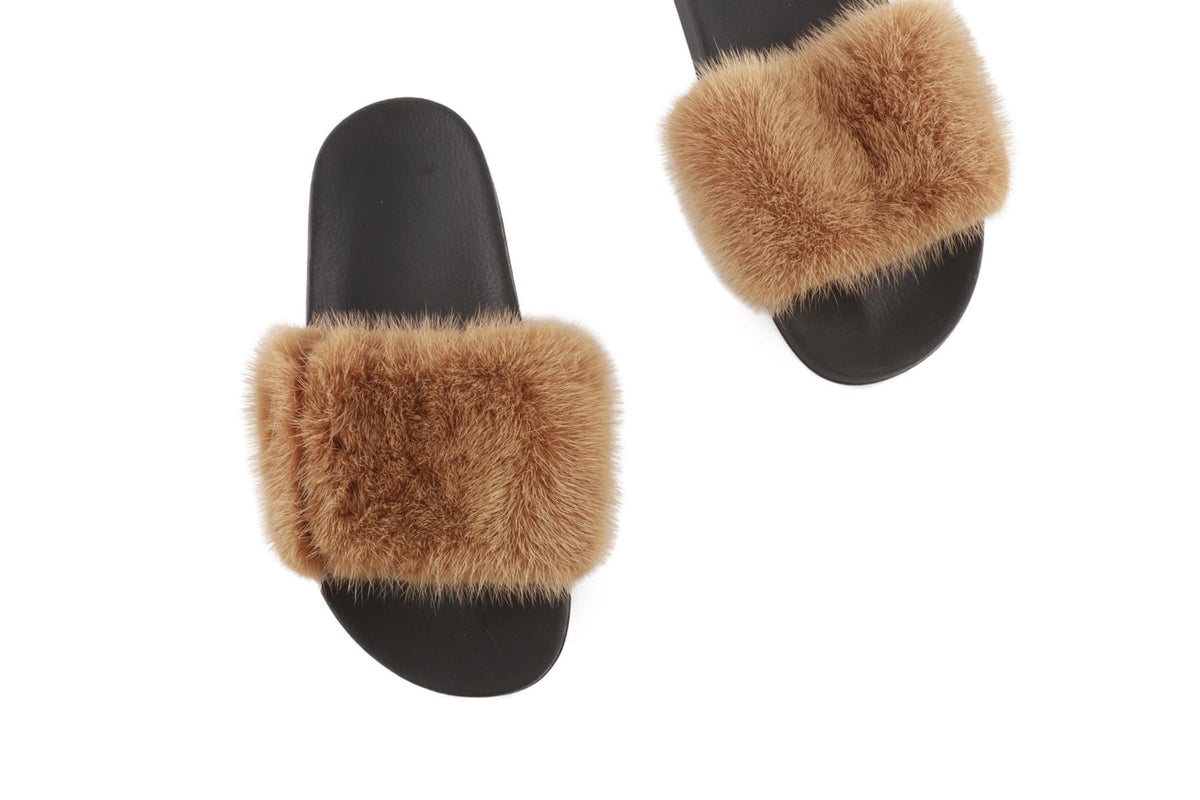 GIVENCHY TAN FUR AND RUBBER SLIDES EU 38 UK 5 US 8