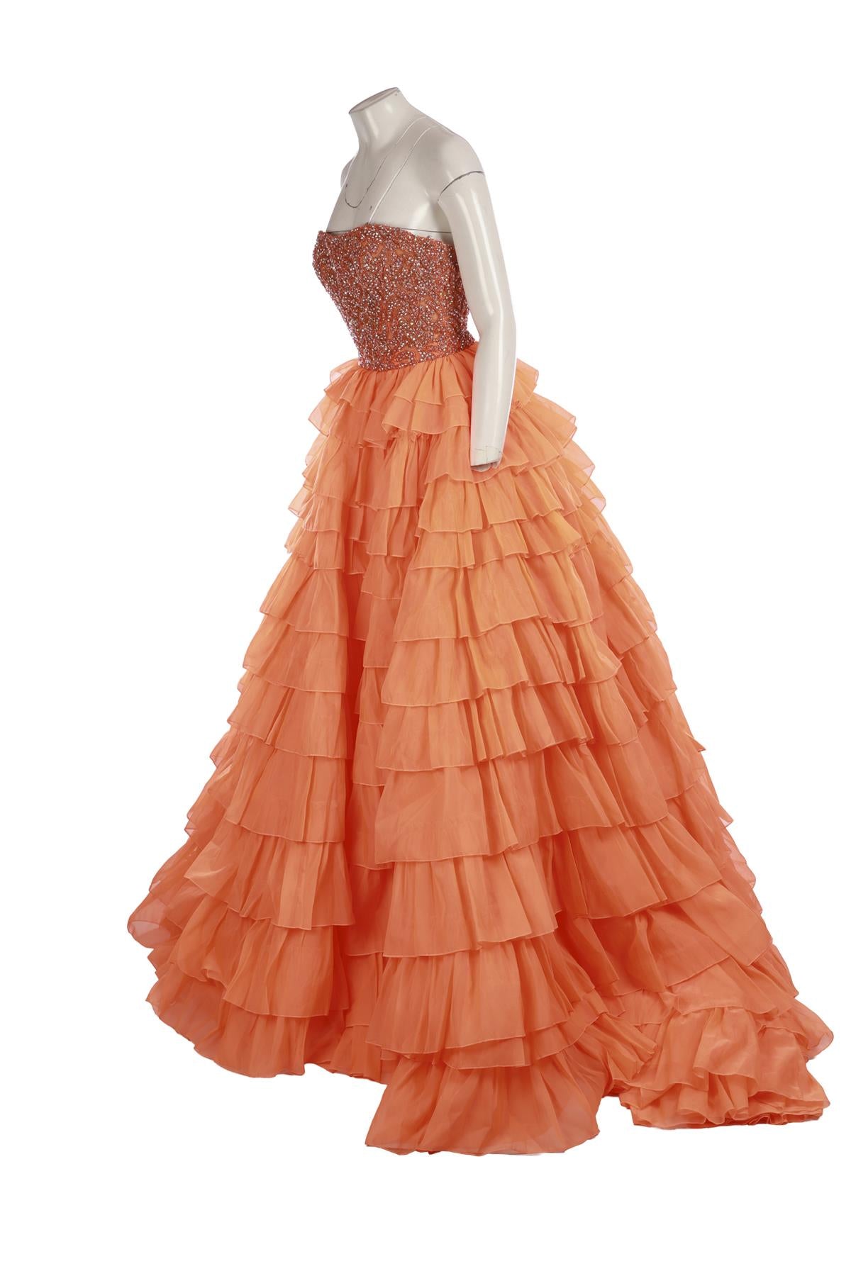 SHERRI HILL ORANGE CRYSTAL GOWN US 0 UK 4