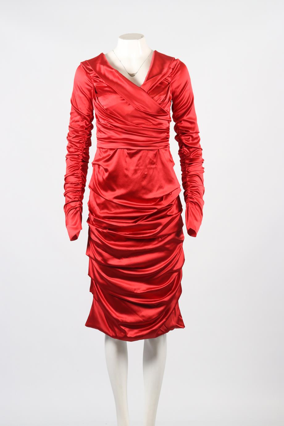 DOLCE & GABBANA RUCHED SATIN MIDI DRESS IT 46 UK 14