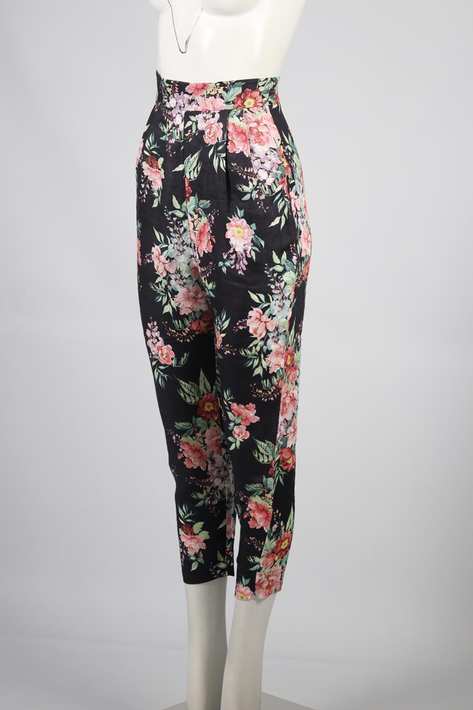 ZIMMERMANN FLORAL PRINT LINEN TAPERED PANTS UK 8
