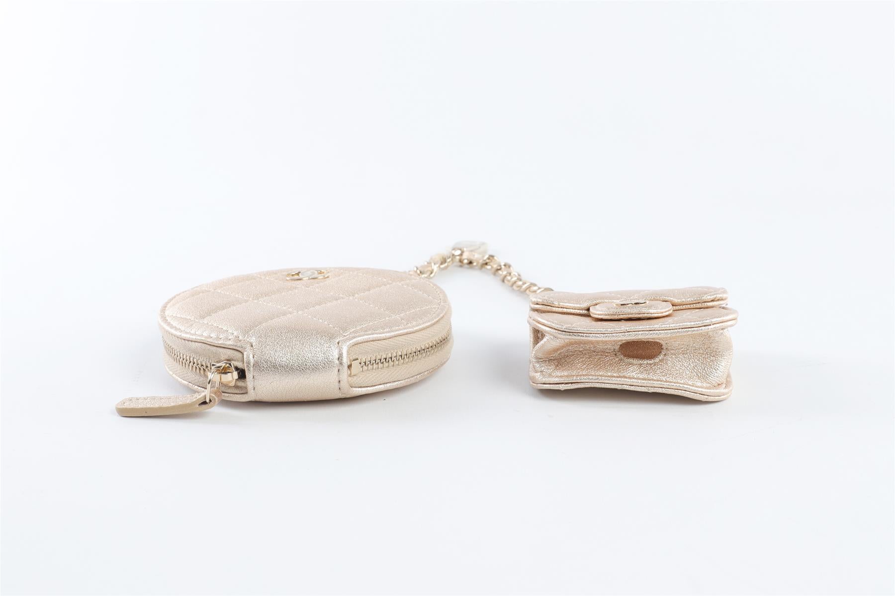 CHANEL GOLD 2014 QUILTED LEATHER AIRPOD CASE AND COIN PURSE