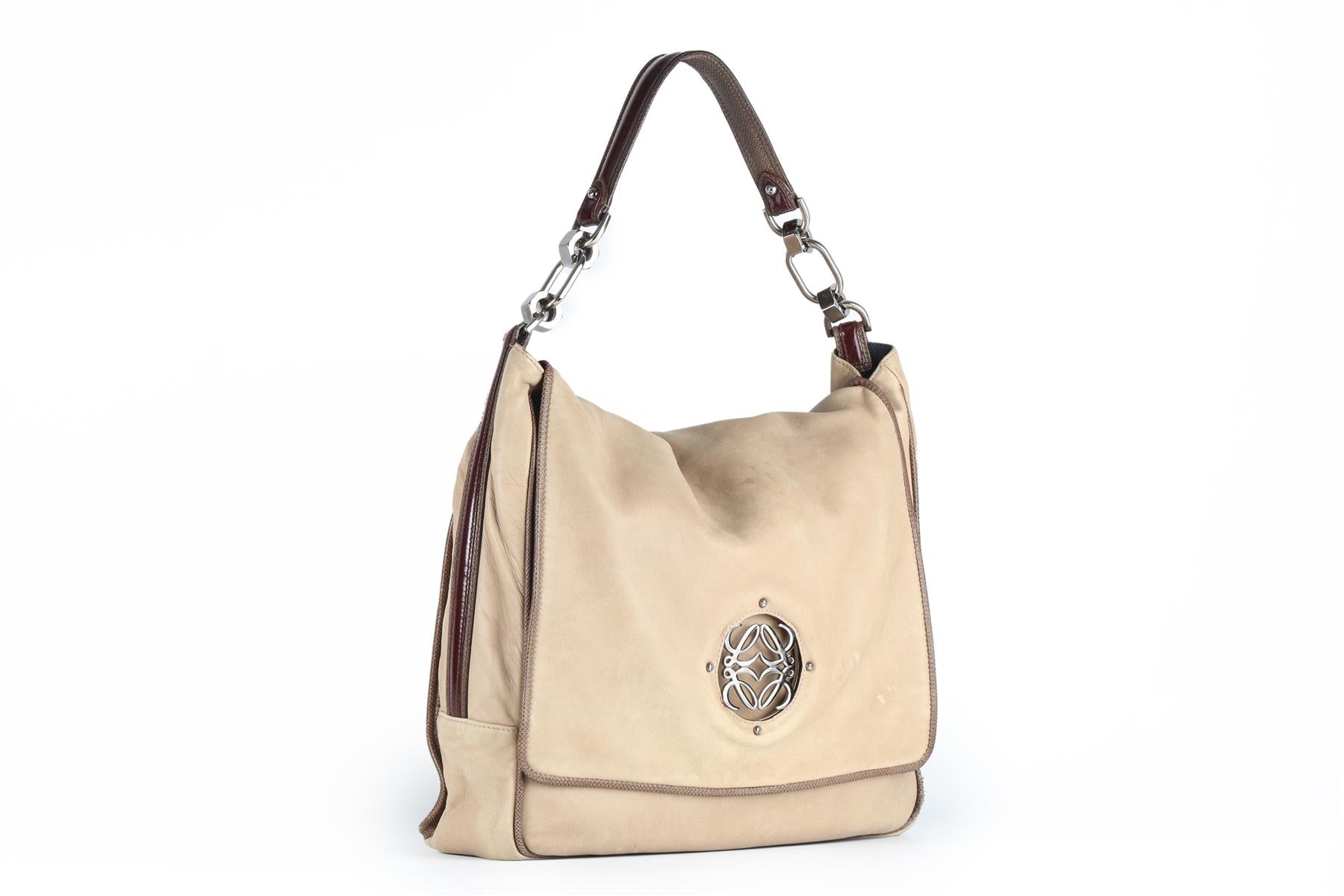 LOEWE BEIGE MAIA ANAGRAM LEATHER SHOULDER BAG