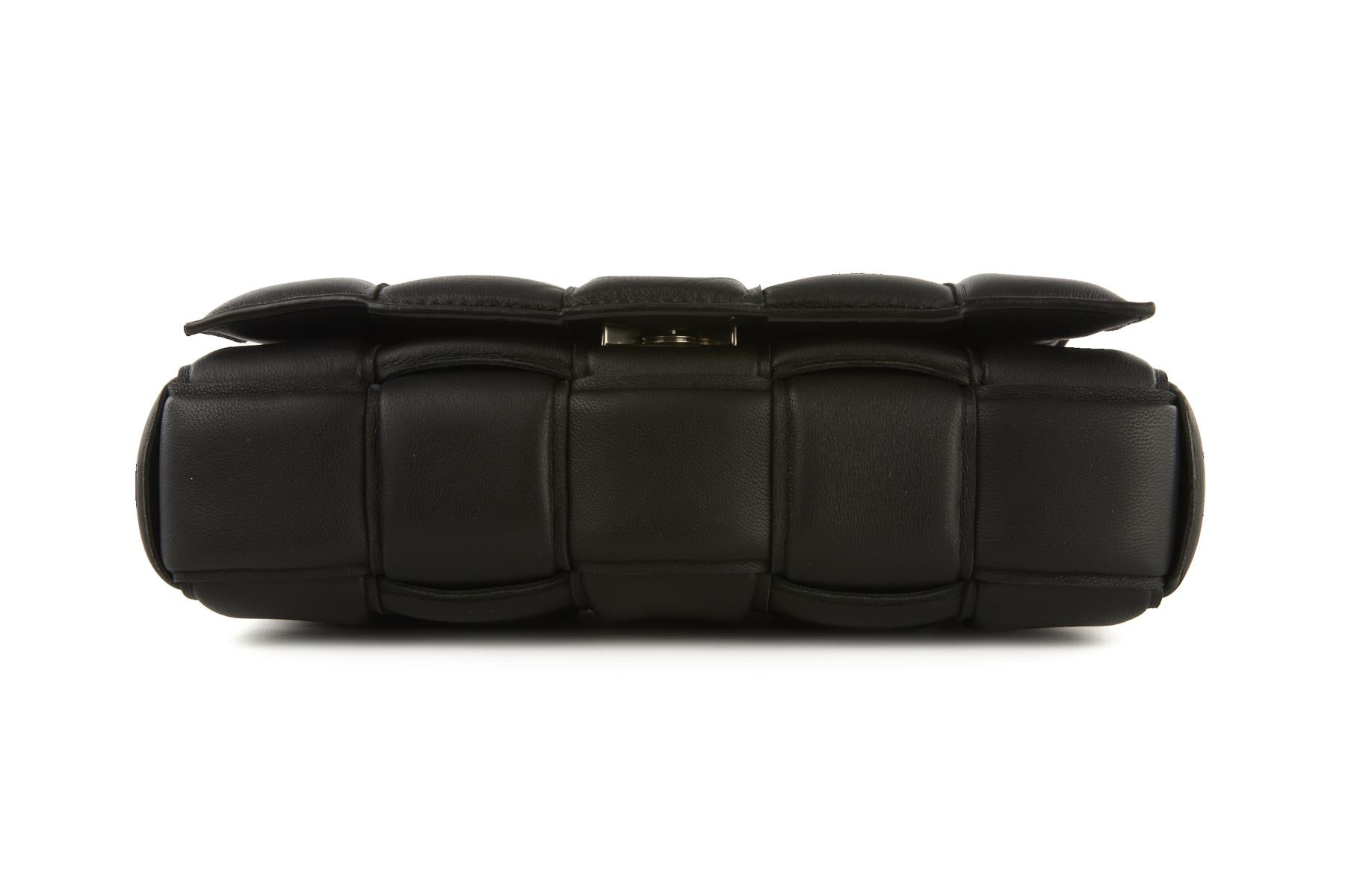 BOTTEGA VENETA BLACK CASSETTE MEDIUM PADDED INTRECCIATO LEATHER SHOULDER BAG