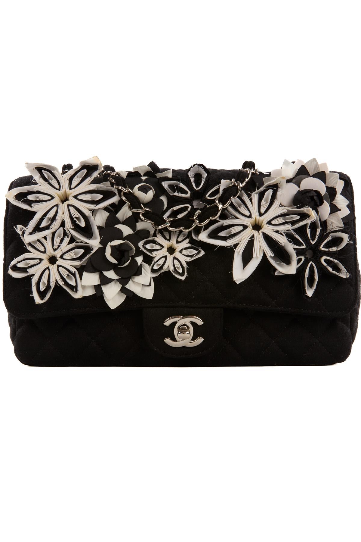 CHANEL BLACK FABRIC FLOWER EMBELLISHED MEDIUM SINGLE FLAP SHOULDER BAG