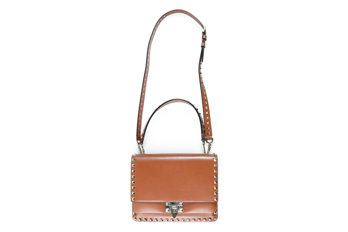 VALENTINO GARAVANI BROWN ROCKSTUD LEATHER SHOULDER BAG