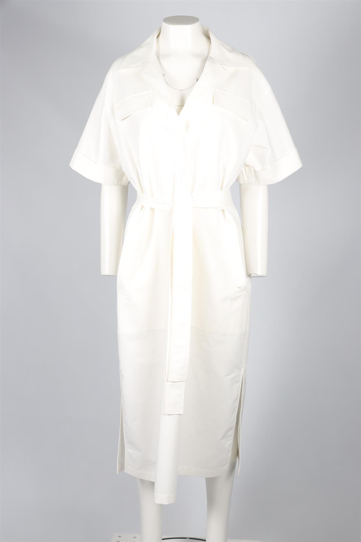 CH CAROLINA HERRERA WHITE BELTED COTTON BLEND MIDI DRESS LARGE