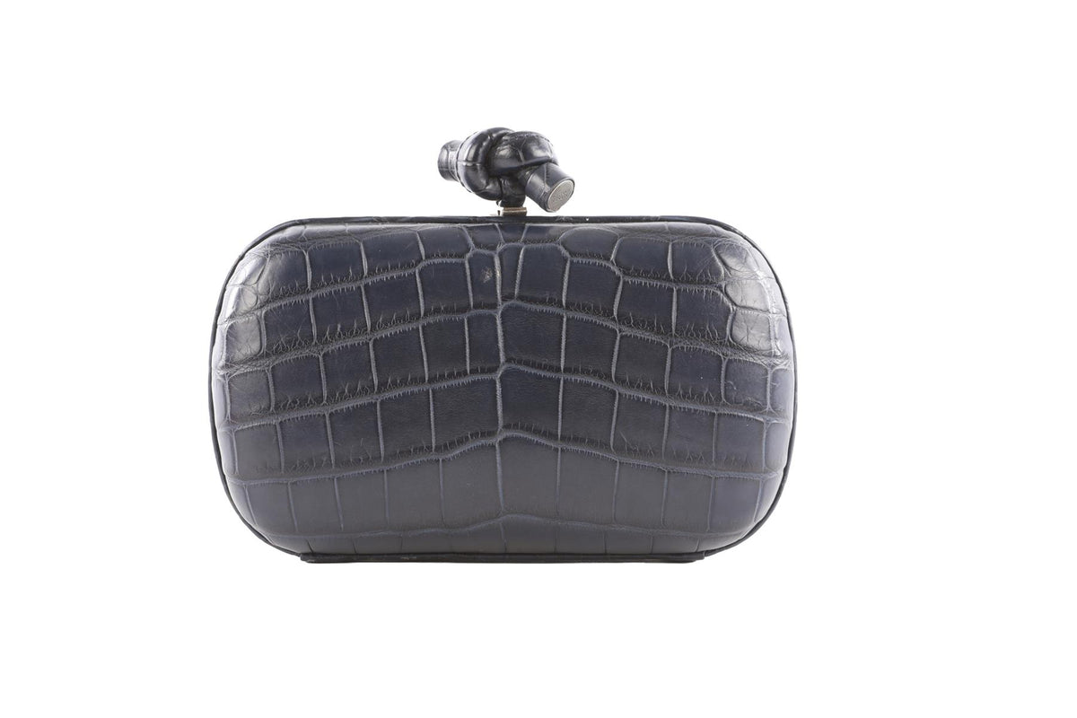 BOTTEGA VENETA NAVY KNOT CROCODILE CLUTCH