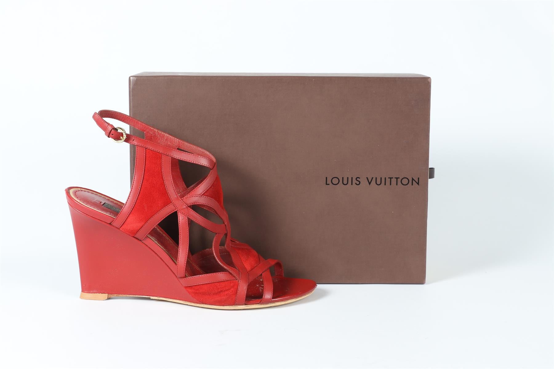 LOUIS VUITTON RED LEATHER AND SUEDE WEDGE SANDALS EU 39 UK 6 US 9