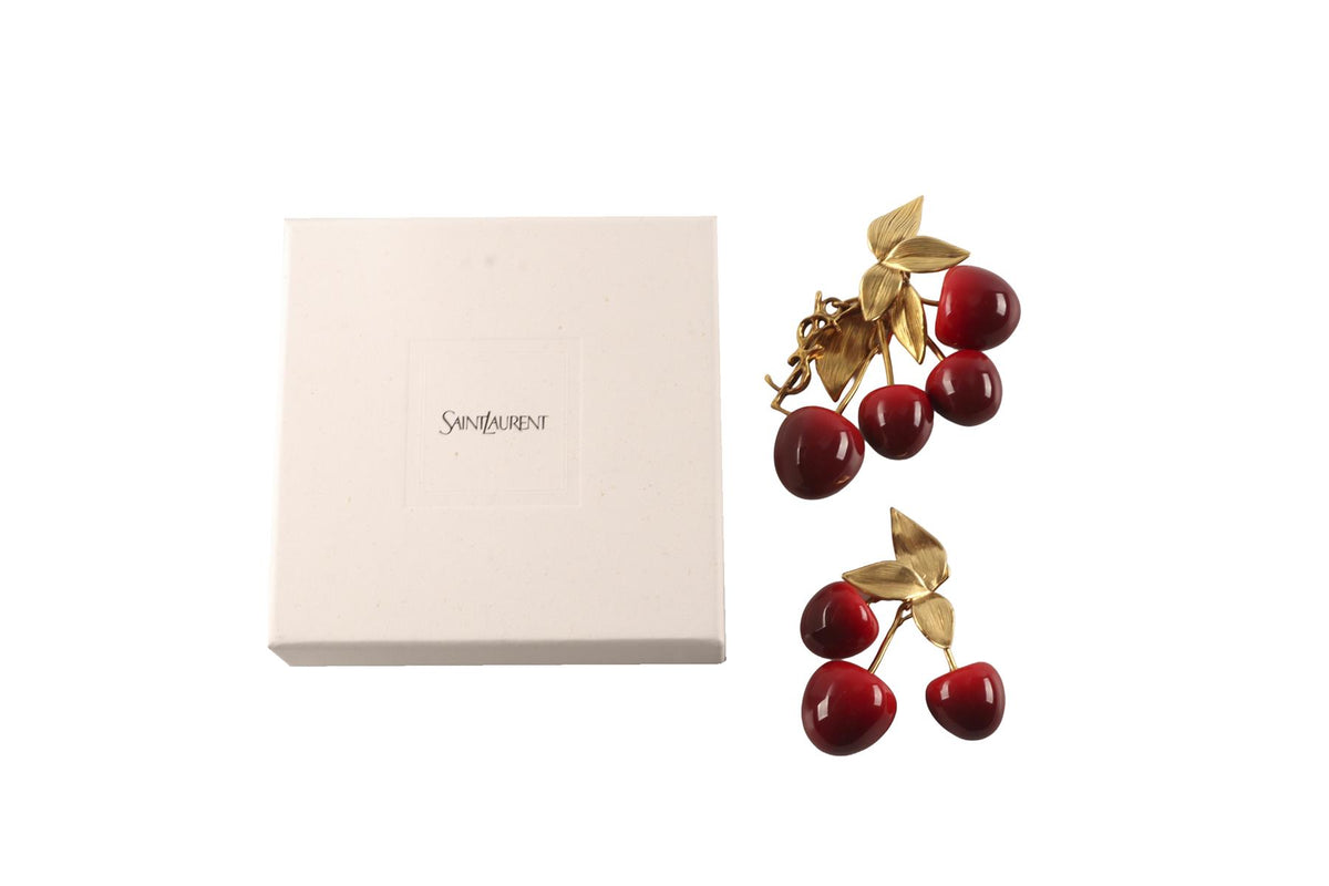 SAINT LAURENT CHERRY GOLD TONE CLIP ON EARRINGS
