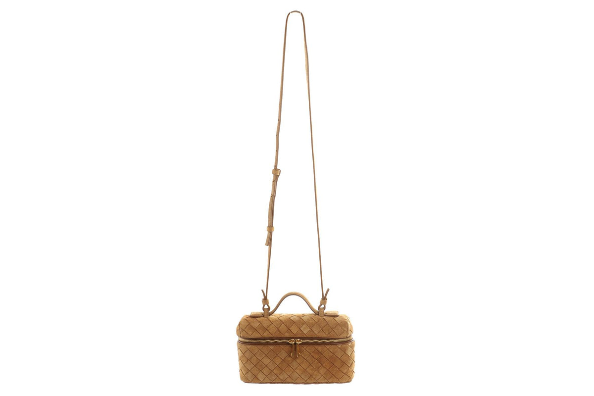 BOTTEGA VENETA TAN BANG BANG VANITY MINI INTRECCIATO SUEDE TOTE BAG