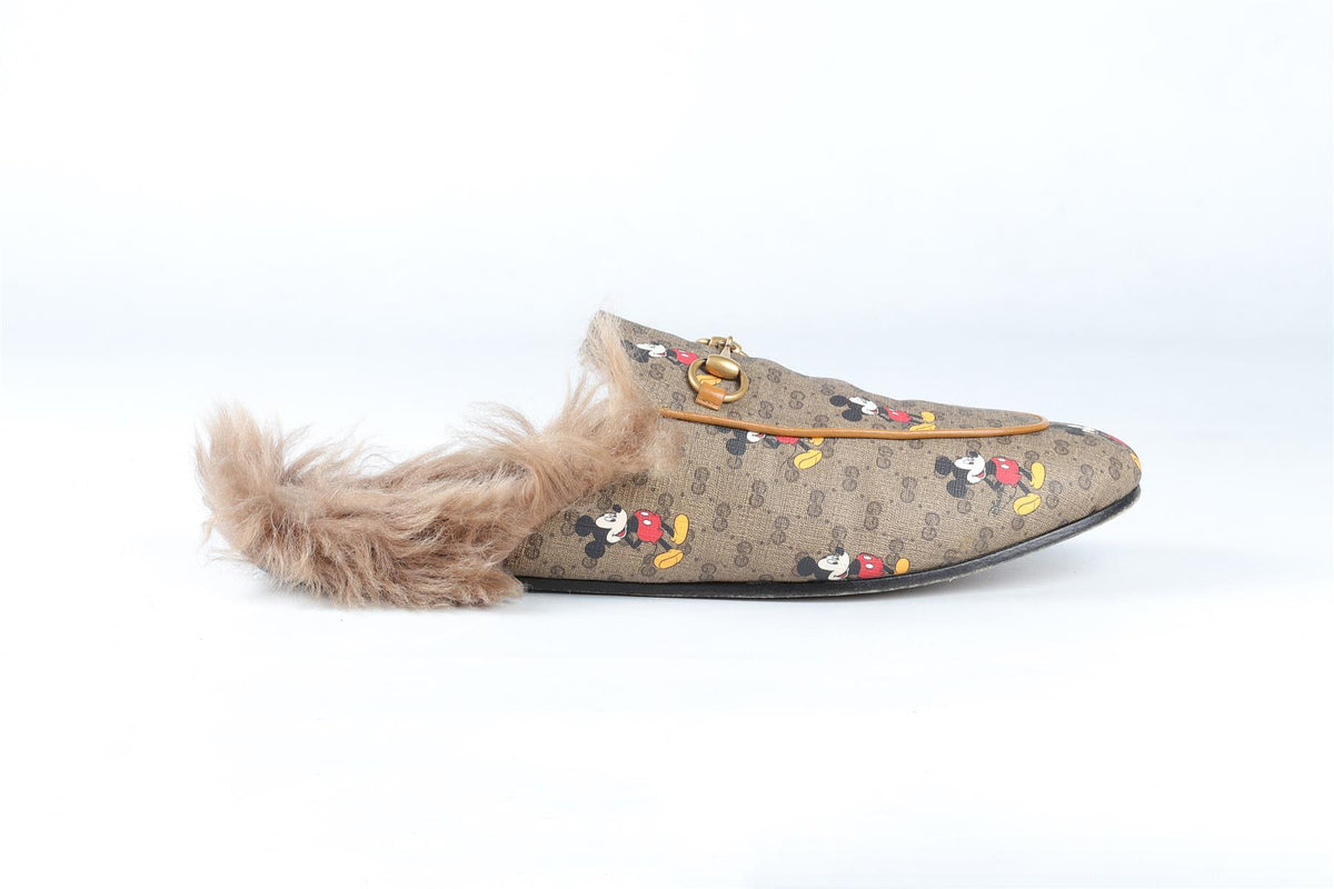 GUCCI + DISNEY BROWN PRINCETOWN CANVAS AND FAUX SHEARLING SLIPPERS EU 41 UK 8 US 11