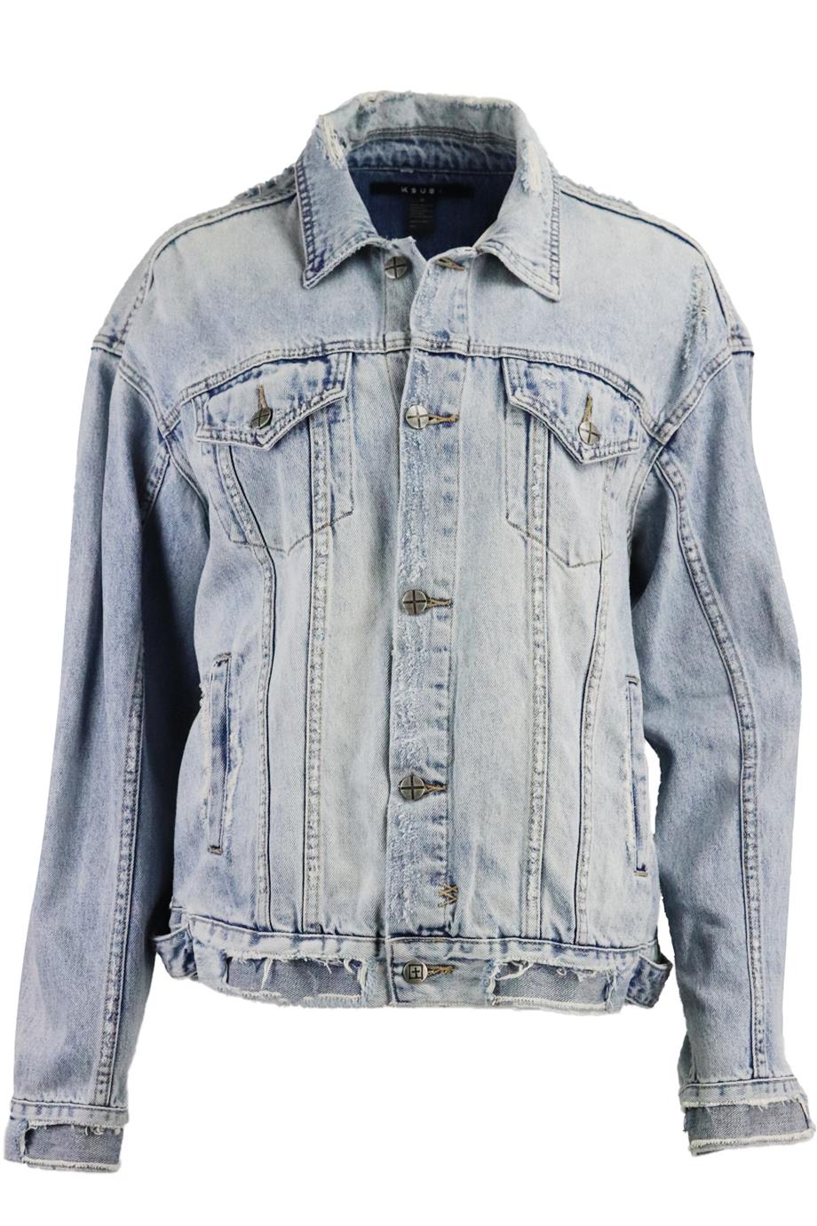 KSUBI OVERSIZED DISTRESSED DENIM JACKET LARGE