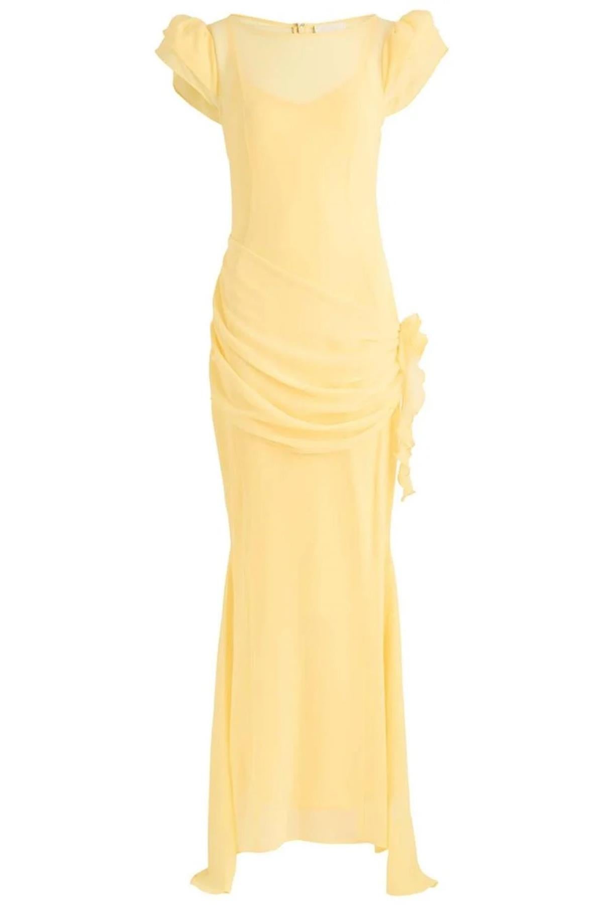 DE LA VALI YELLOW SATIN MAXI DRESS UK 4