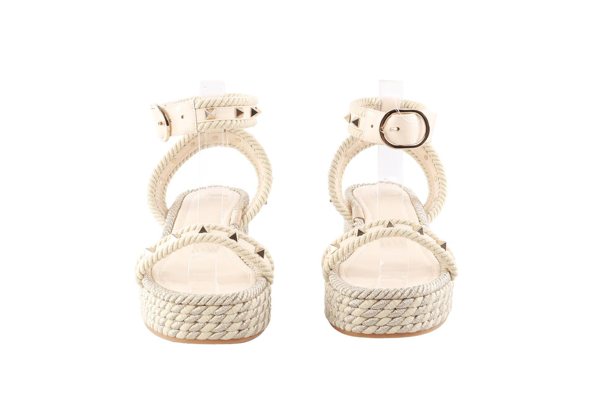 VALENTINO GARAVANI CREAM ROCKSTUD LEATHER ESPADRILLE WEDGE SANDALS EU 38 UK 5 US 8