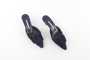 MANOLO BLAHNIK MAYSALE NAVY SUEDE MULES EU 38 UK 5 US 8