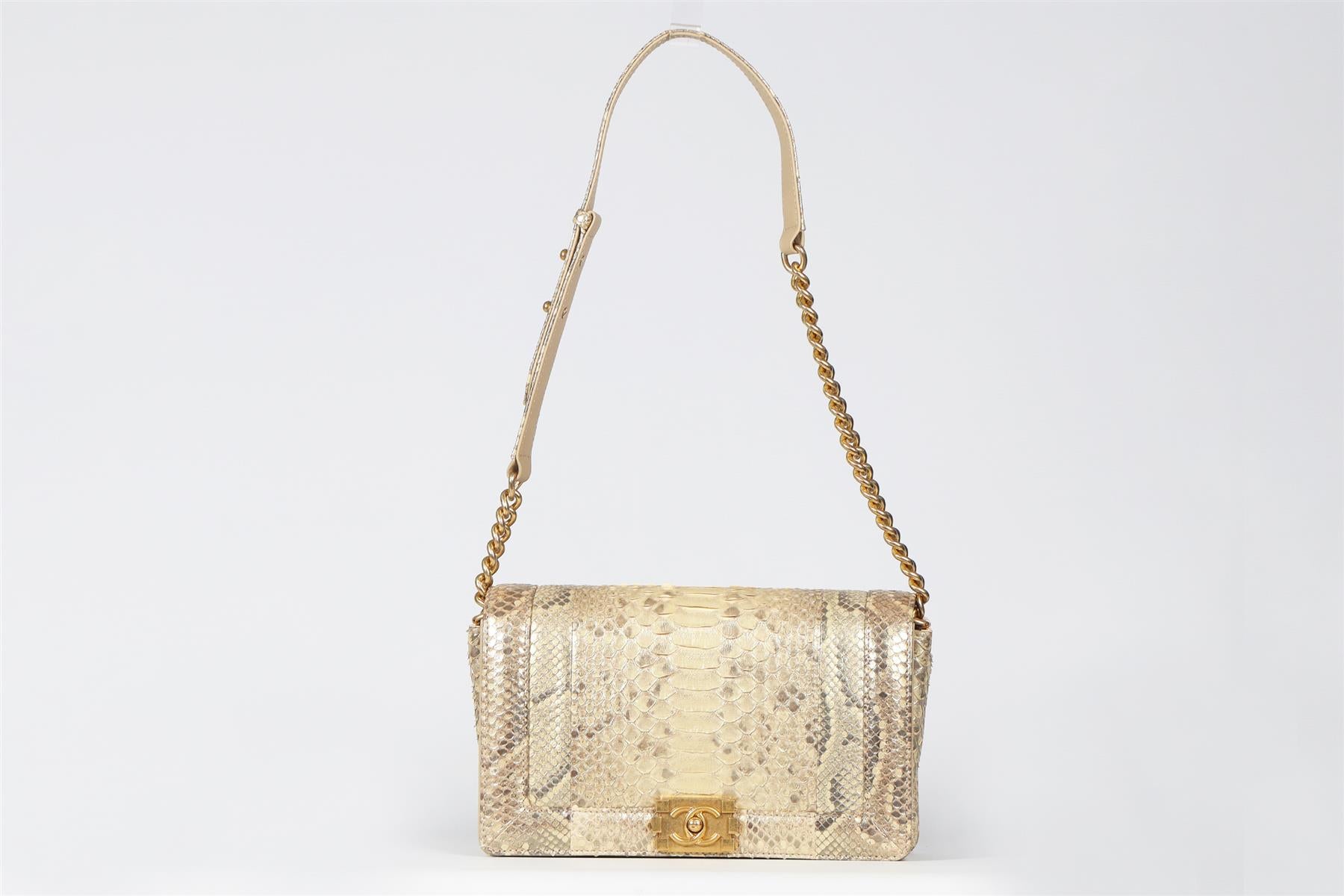 CHANEL GOLD 2014 BOY MEDIUM PYTHON AND LEATHER SHOULDER BAG