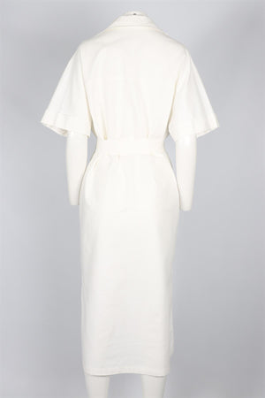 CH CAROLINA HERRERA WHITE BELTED COTTON BLEND MIDI DRESS LARGE