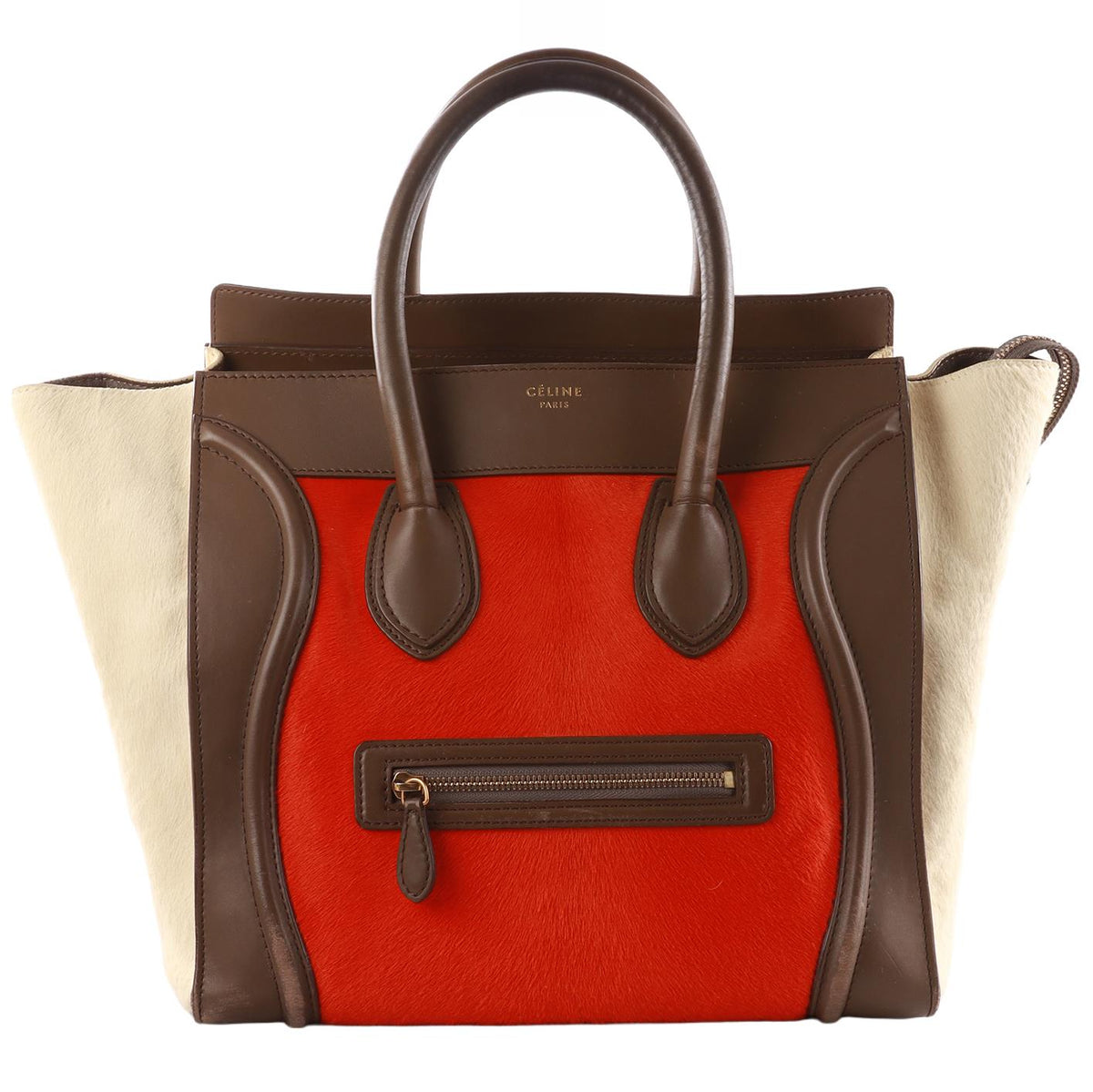 CELINE ORANGE LUGGAGE MINI CALF HAIR AND LEATHER TOTE BAG