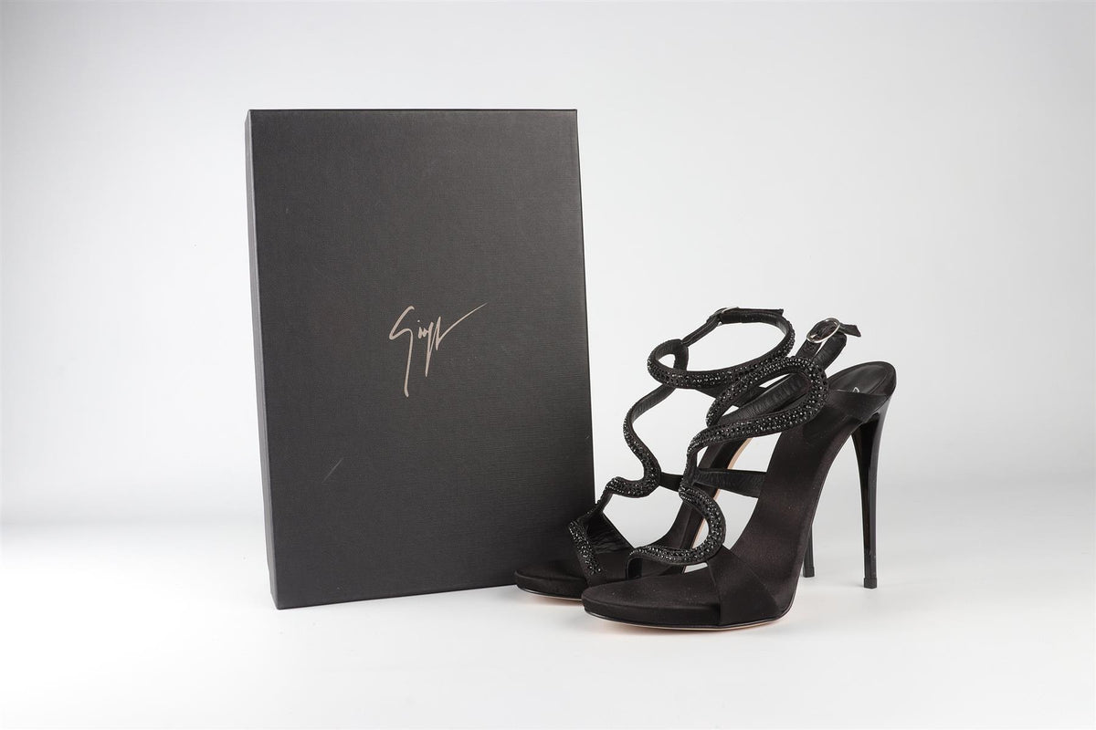 GIUSEPPE ZANOTTI BLACK CRYSTAL AND SATIN SANDALS EU 36 UK 3 US 6