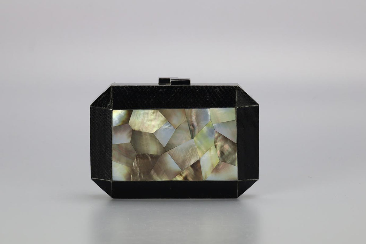 RAFÉ MOTHER OF PEARL AND SNAKE EFFECT LEATHER SILVER TONE CLUTCH