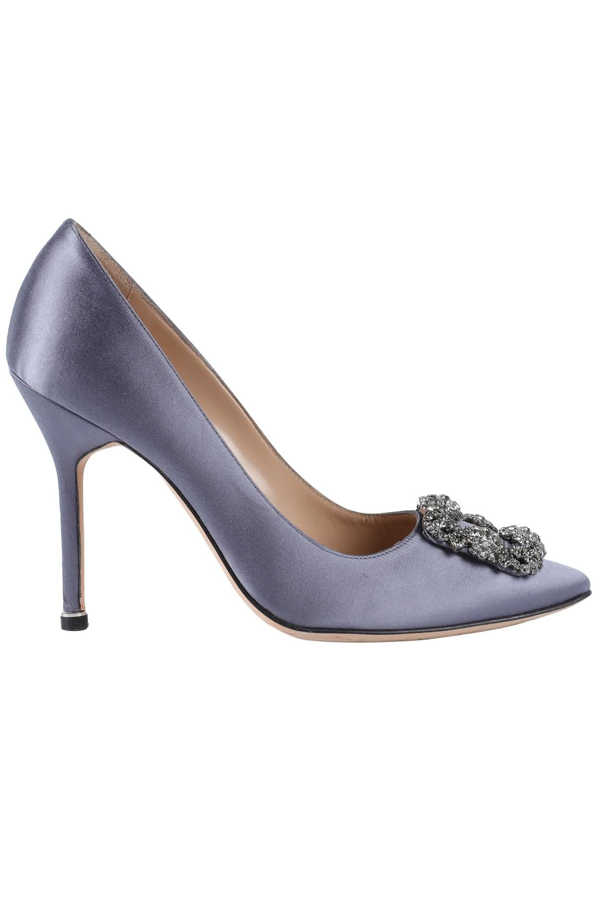 MANOLO BLAHNIK GREY HANGISI CRYSTAL AND SATIN PUMPS EU 38 UK 5 US 8