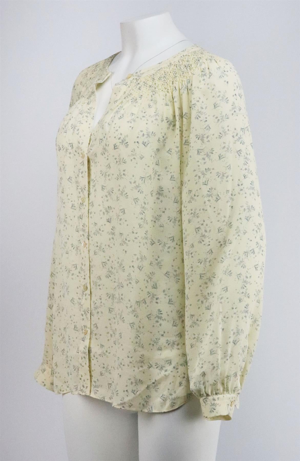 VINCE SMOCKED FLORAL PRINT SILK TOP MEDIUM