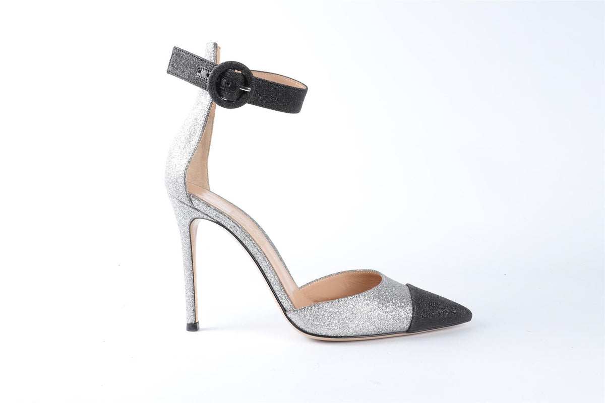 GIANVITO ROSSI SILVER GLITTER PUMPS EU 37 UK 4 US 7