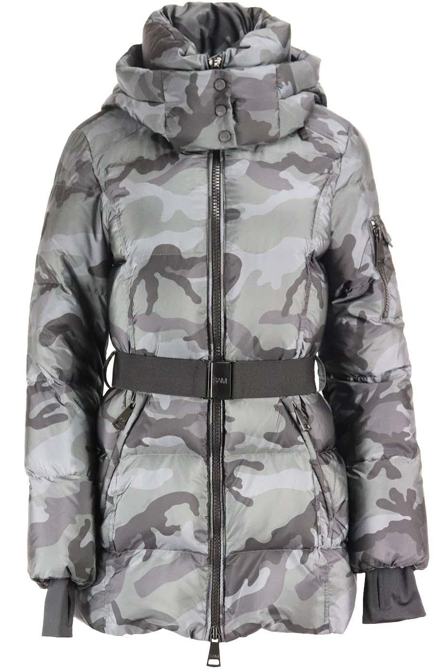 SAM. NYC BELTED CAMOUFLAGE PRINT QUILTED SHELL DOWN JACKET LARGE