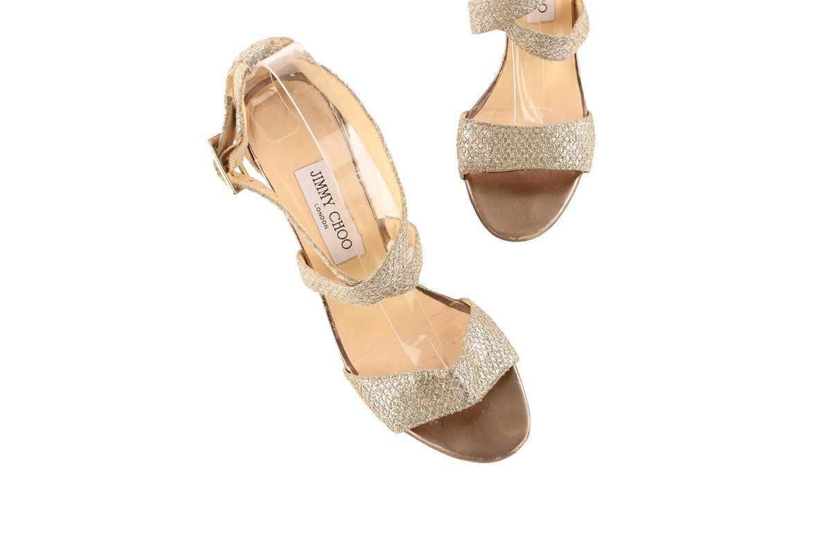 JIMMY CHOO GOLD FABRIC WEDGE SANDALS EU 38.5 UK 5.5 US 8.5