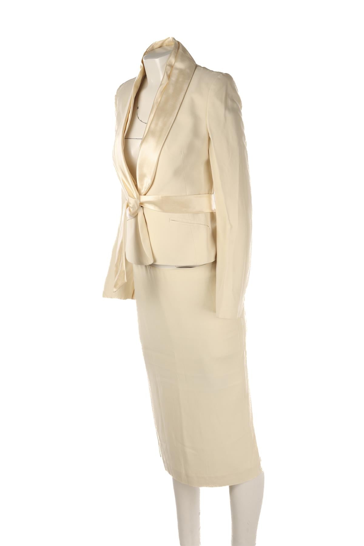 ALEXANDER MCQUEEN CREAM 2006 CREPE SKIRT AND BLAZER SET IT 42 UK 10