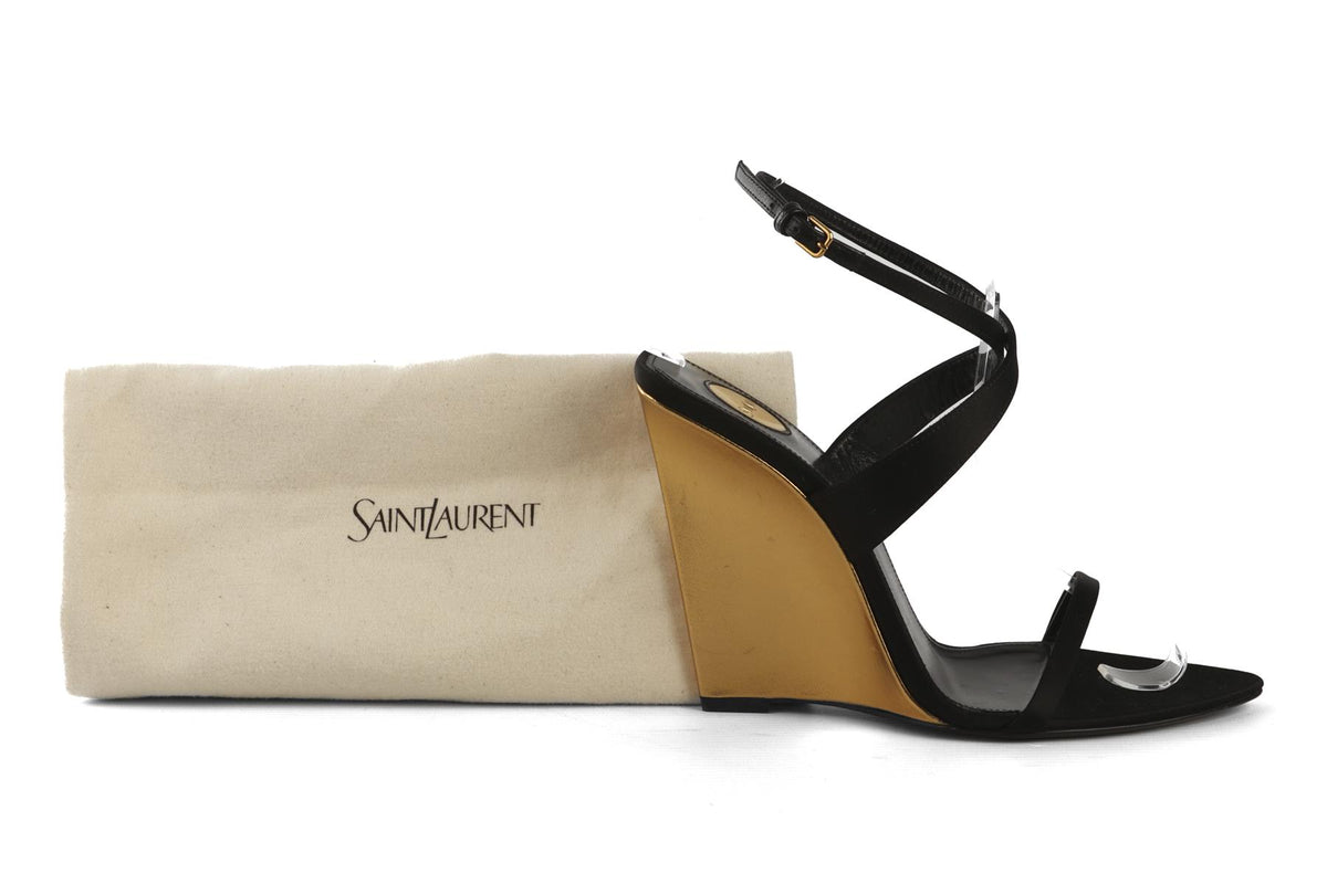 SAINT LAURENT BLACK SATIN SALOME WEDGE SANDALS EU 38.5 UK 5.5 US 8.5