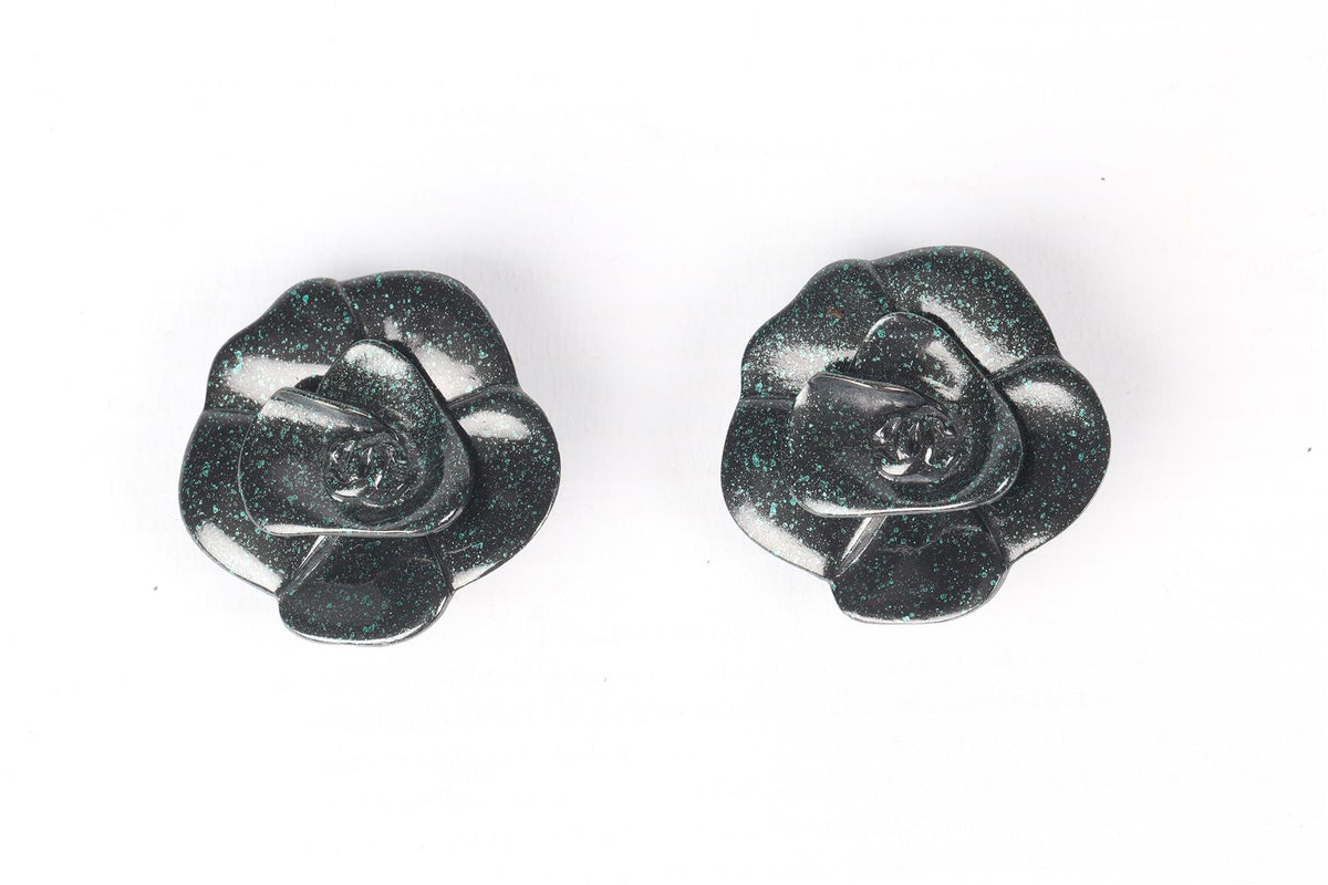 CHANEL GREEN 2001 CAMELIA CLIP EARRINGS