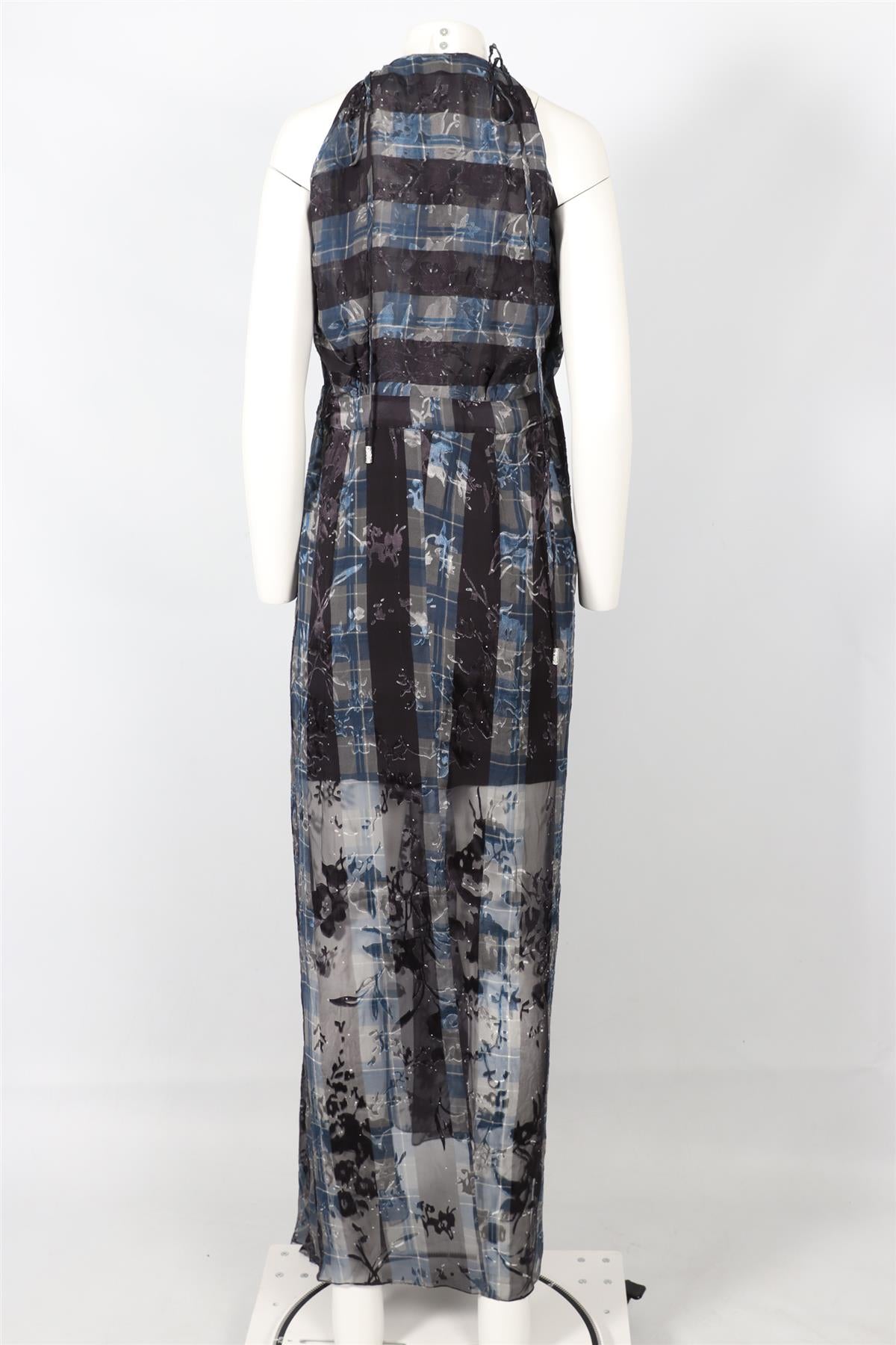 PREEN BY THORNTON BREGAZZI NAVY AND BLUE CHECKED CHIFFON MAXI WRAP DRESS MEDIUM