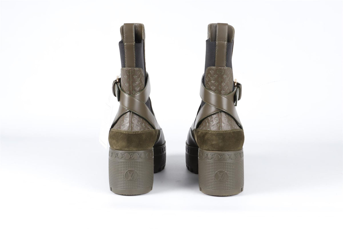 LOUIS VUITTON GREEN LAUREATE MONOGRAM LEATHER BOOTS EU 39 UK 6 US 9