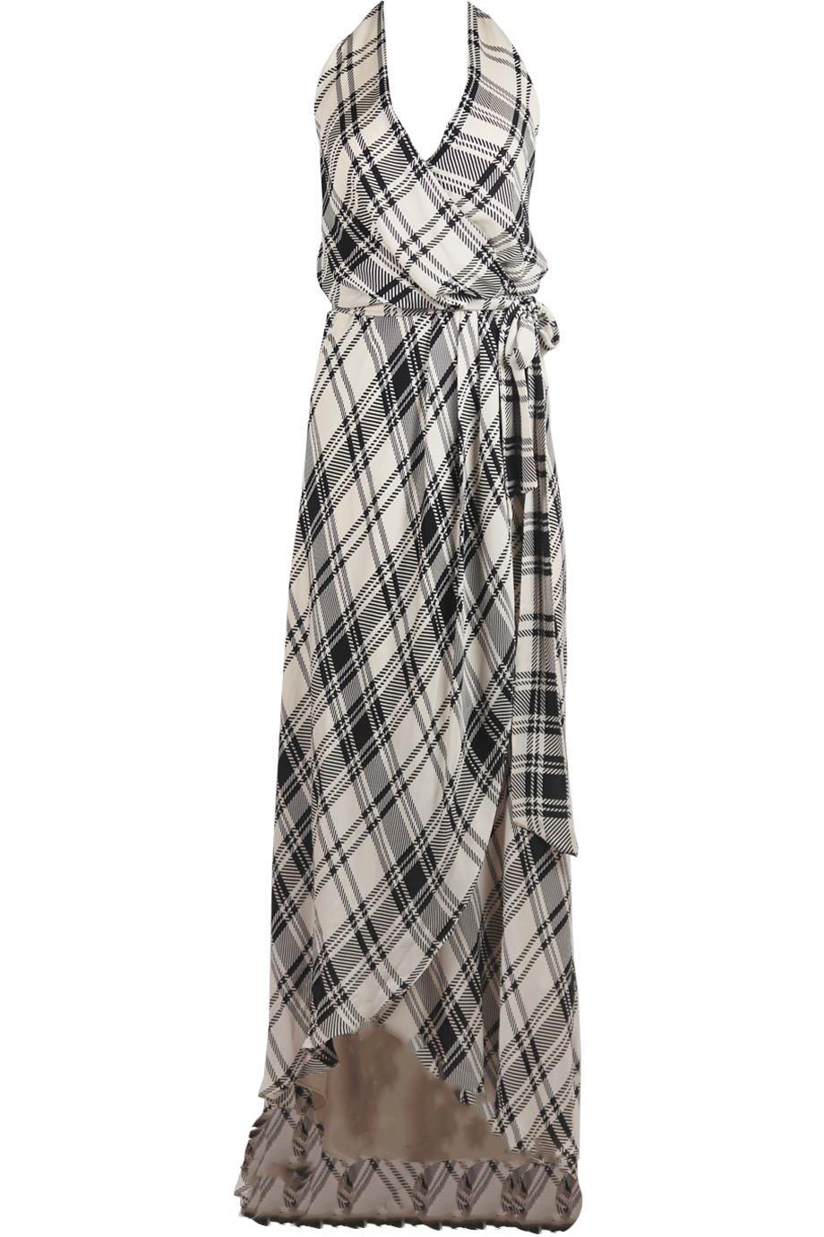 HAUTE HIPPIE WRAP EFFECT PLAID SILK HALTERNECK MAXI DRESS MEDIUM