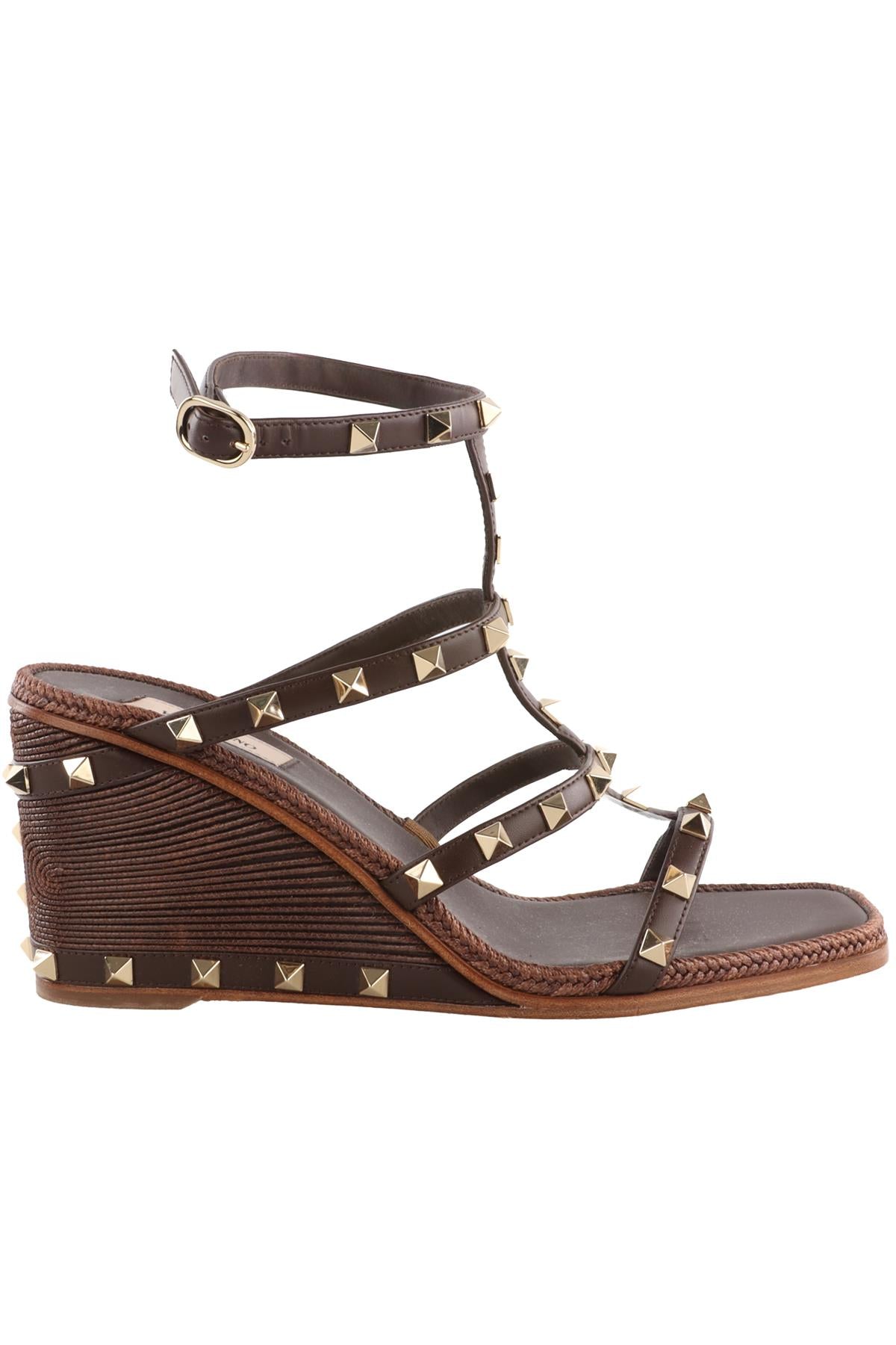 VALENTINO GARAVANI BROWN ROCKSTUD LEATHER WEDGE SANDALS EU 39 UK 6 US 9