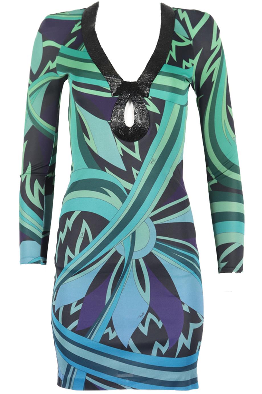 EMILIO PUCCI EMBELLISHED PRINTED STRETCH JERSEY DRESS IT 38 UK 6