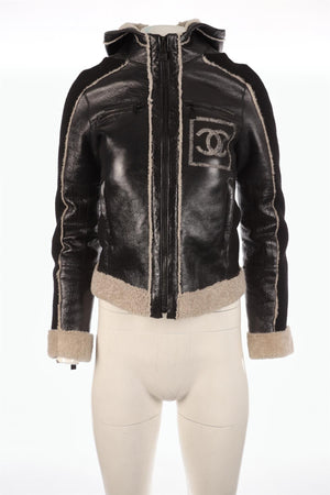 CHANEL BLACK 2008 SHEARLING JACKET FR 36 UK 8