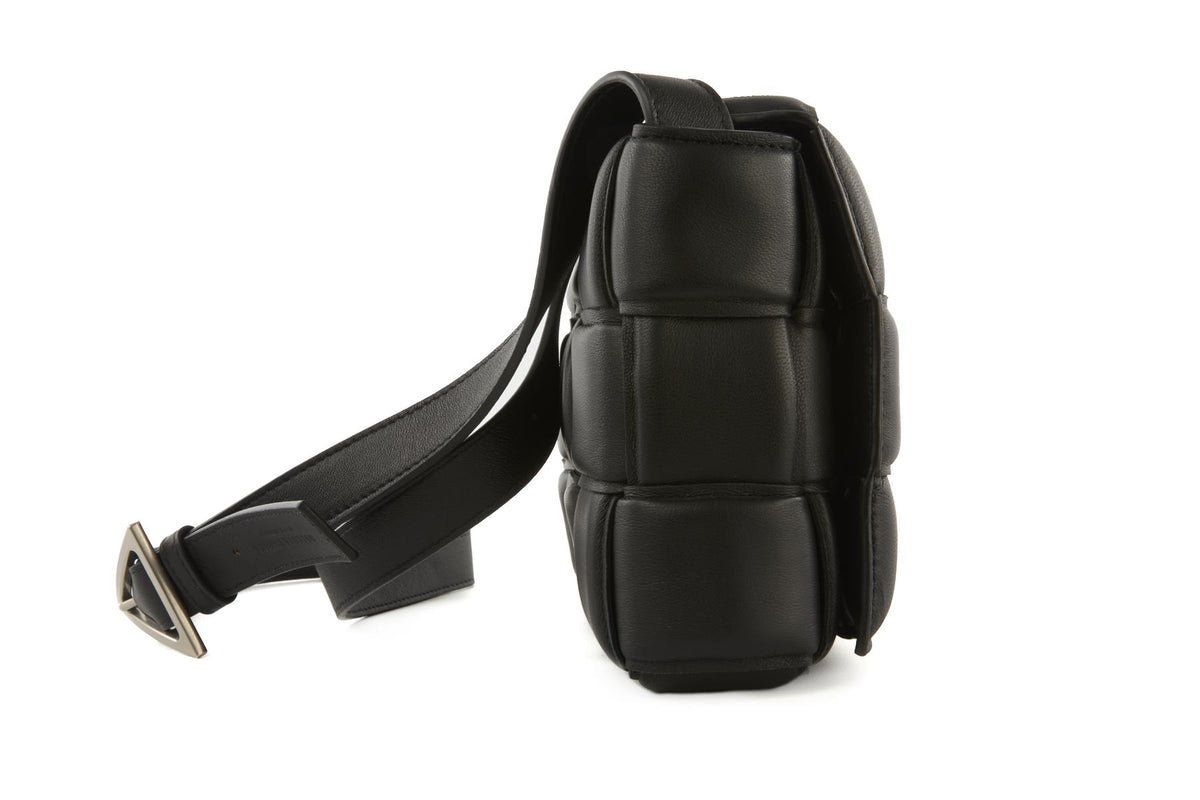 BOTTEGA VENETA BLACK CASSETTE MEDIUM PADDED INTRECCIATO LEATHER SHOULDER BAG