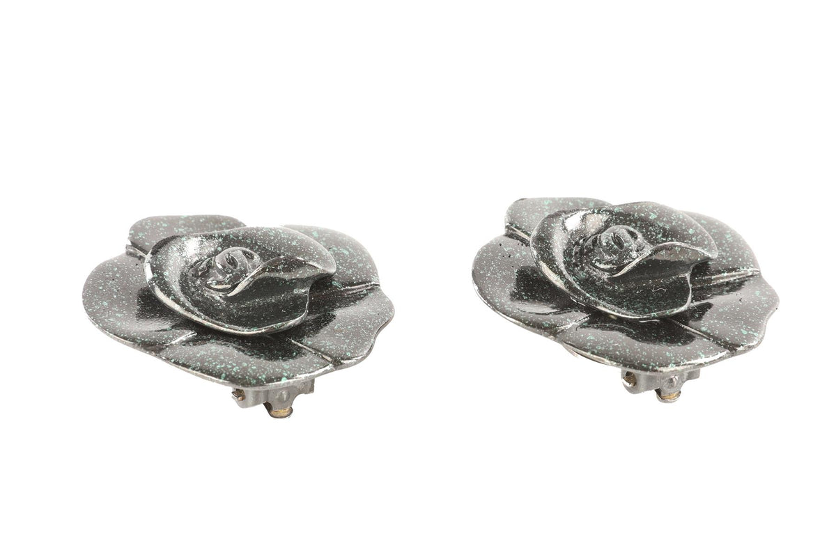 CHANEL GREEN 2001 CAMELIA CLIP EARRINGS